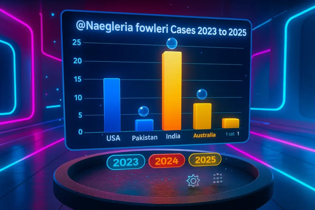 comparing Naegleria fowleri cases across regions (U.S., Pakistan, India, Australia) from 2023 to 2025